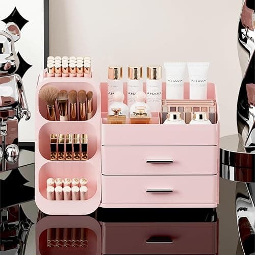 KQJS Makeup Organizer with Drawers,Large Capacity Countertop Organizer for Vanity,Bathroom and Bedroom Desk Cosmetics Organizer,Easy To Storage Skincare,Brushes,Lotions,Lipstick (All Pink) thumbnail 7