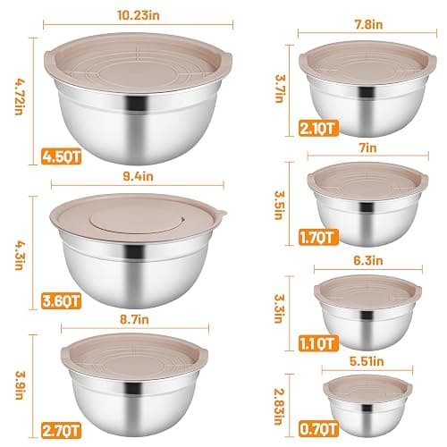Mixing Bowls with Airtight Lids for Kitchen, 7 Piece Stainless Steel Metal Nesting Storage Bowls, 3 Grater Attachments, Size 4.5, 3.6, 2.7, 2.1,1.7, 1.1,0.7QT for Mixing, Baking & Serving Food thumbnail 3
