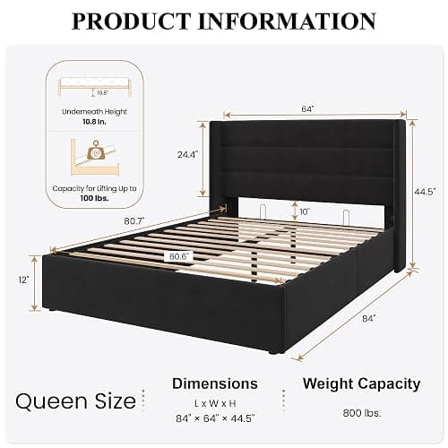 SHA CERLIN Queen Size Lift Up Storage Bed/Velvet Upholstered/Modern Wingback Headboard/Upholstered Platform Bed Frame/Hydraulic Storage/No Box Spring Needed/Black thumbnail 2