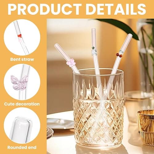 6 PCS Glass Straws Drinking, Reusable Glass Straw with 2 Cleaning Brush, Cute Bent Straws with Heart Butterfly Turtle Fruit Charms for Smoothies, Cocktails, Coffee, Juice thumbnail 4