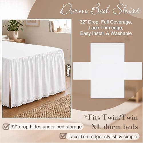 Hahafelt Twin XL Dorm Bed Skirt, 32 Inch Drop White Ruffled Bed Skirt with Scalloped Lace Trim, Wrap Around Adjustable Dust Ruffle with Split Corners, College Dorm Room Decor thumbnail 2