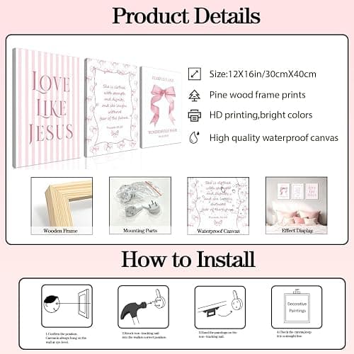 Coquette Pink Bow Wall Art Set of 3, Light Pink Christian Wall Decor Pictures, Jesus Verses Bible Canvas Posters Paintings Preppy Prints for Teen Girls Dorm 12 Year Old Girl Room 12x16 Inch Framed thumbnail 3