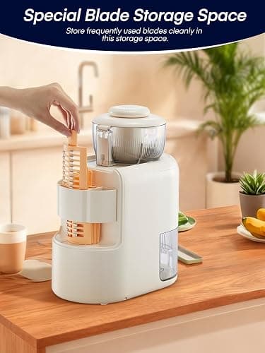 FOHERE Multifunktionale elektrische Käsereibe, Gemüseschneider elektrisch mit 6 Klingen & 1.8L Behälter Nusshacker, Gemüseschneider, Lebensmittelschneider für Zwiebel, Karotte, Gurke (Weiß) thumbnail 4