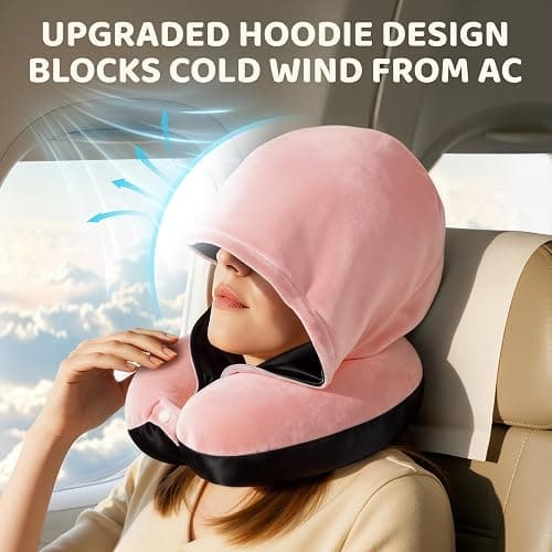 Mewaii Travel Neck Pillow with Hood for Airplanes,Memory Foam,Breathable Ice Silk & Soft Velvet,Double-Sided,Removable to Clean,Adjustable Strap,Portable Travel Pillow for Long Flights Adults & Teens thumbnail 4