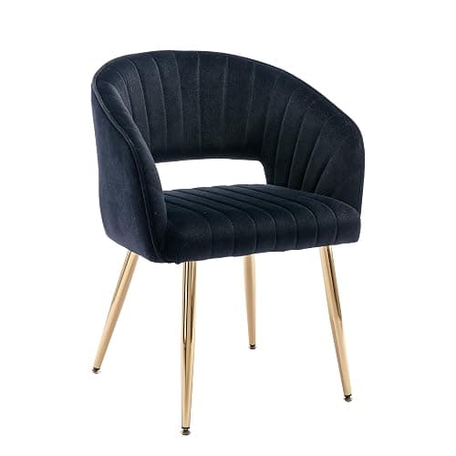 Home Office Chair Velvet Desk Chair Accent Armchair Upholstered Modern Tufted Chairs with Gold Legs for Girls Women Ergonomic Study Seat Computer Task Stools for Living Room(Black) - Image 1