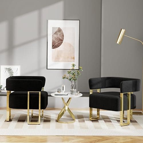STHOUYN Modern Black and Gold Accent Chair Set of 2, Boucle Bucket Chairs Set of 2, Arm Chairs for Living Room Bedroom (2, Black) - 2 - Black thumbnail 2