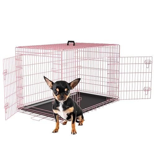 FDW 24 inch Dog Crate Dog Kennel Cage with Double Door Folding Metal Wire Dog Cage with Removable Tray&Divider Panel,Pet Crate for Small Dogs,Pink - Image 1