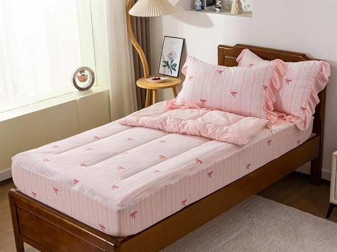 Aimuan Zipper Bedding Pink Bow Printed on Rainbow Comforter Set Set Bowknot Twin Princess Kids Zippered Bedding Set Ultra Soft (Pink-Colorful, Twin) thumbnail 9