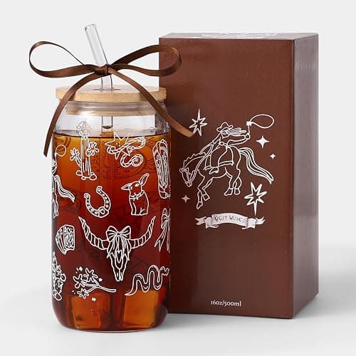 Celebloom Western Gifts for Women, Cute Glass Cup for Western Cowgirl Stuff | Iced Coffee Tumbler Glass Cup with Lid Straw for Country Girl Gift Thanksgiving Christmas Birthday Mothers Day Friend 16oz - Image 1
