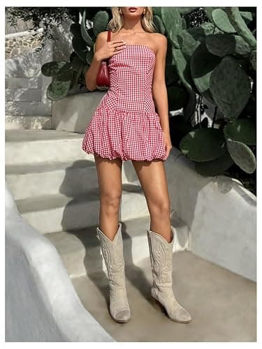 SweatyRocks Women's Plaid Strapless Bubble Dress Sleeveless Ruffle Mini Tube Dresses thumbnail 4