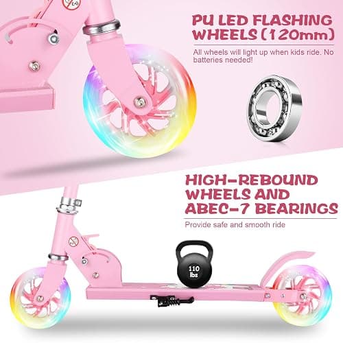 Scooter for Kids Ages 3-12 - Kids Kick Scooters with Led Light Up Wheels & 3 Levels Adjustable Handlebar, Lightweight Foldable 2 Wheel Girly Pink Scooter Christmas Birthday for Girls Boys. thumbnail 3