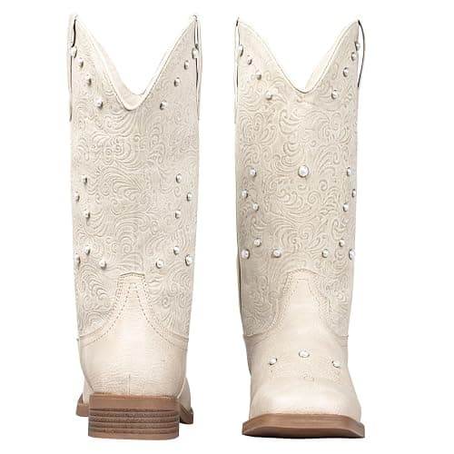 SheSole White Cowgirl Cowboy Boots for Women Square Toe | Pearl Embellished Mid Wide Calf Boots for Country Wedding and Western-themed Parties thumbnail 7