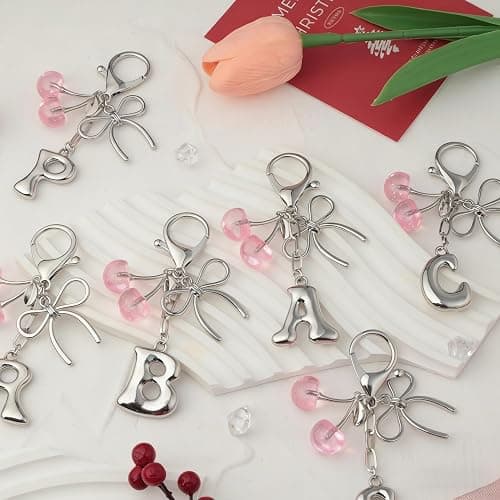 Snycler Bubble Initial Keychain with Bow & Cherry - Silver Letter Bag Charms for Women, Cute Purse Handbag Accessories thumbnail 6