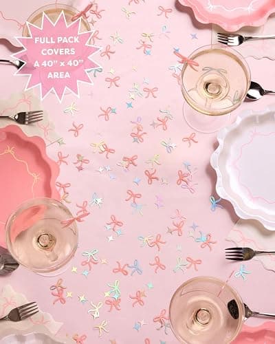 xo, Fetti Bow Confetti - 200 pc | Bachelorette Party Pink and Iridescent, Engagement Party Decoration, Tying the Knot Table Decor, Bride To Be Coquette Ribbon Bridal Shower Supplies thumbnail 2