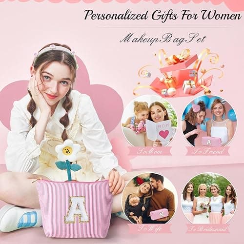 YOOLIFE Initial Makeup Bag for Girls, Travel Cosmetic Bag with Small Makeup Brush Bag Cute Makeup Bag Toiletry Travel Bag Personalized Wife Friend Gifts Makeup Birthday Gifts for Women Her Pink R thumbnail 6