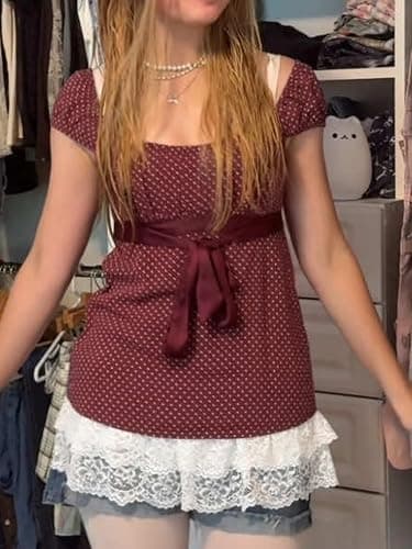 Sunloudy Women Fairy Coquette Babydoll Shirt Y2k Cap Sleeve Polka Dot Grunge Flowy Preppy Tees Vintage Aesthetic Clothes thumbnail 2
