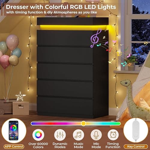 HAUOMS Tall 5 Drawer Dresser with LED Light, Black Modern Chest of Drawers for Bedroom,Closet Dressers with Drawers for Living Room, Entryway, Hallway thumbnail 3