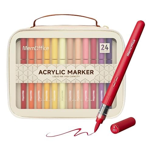 MemOffice Direct Liquid Acrylic Paint Markers, 24 Colors Brush Tip Pens with Carrying Case, No Bleed, Waterproof, for Rock, Wood, Canvas, Glass, Fabric, DIY Crafts for Adults - Image 1