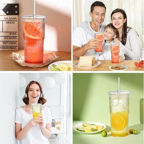 ALINK Glass Cups with Lids and Straws, 22 oz High Borosilicate Clear Iced Coffee Glass Tumblers, Drinking Glass Smoothie Tea Water Cups, Pack of 2 with Cleaning Brush thumbnail 6