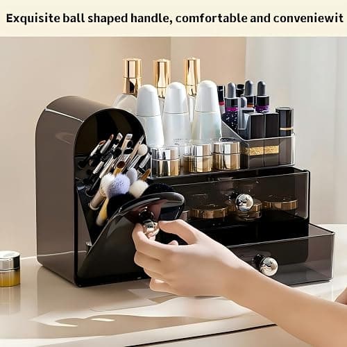 RONGZHIERK Makeup Organizer for Vanity with Covered Brush Holder，Bathroom Organizers with Drawer，Skin Care Organizer，Makeup Organizers for Vanity with Drawer，Large Makeup Storage for Dresser, Black thumbnail 3