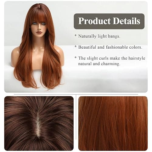 HAIRCUBE Long Auburn Wig with Bangs Layered Curly Orange Wigs for Women Natural Synthetic Wigs for Daily Use (pelucas de cabello natural) thumbnail 2