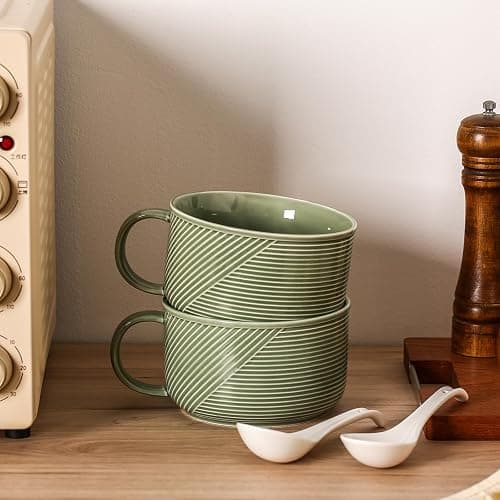 Adewnest Soup Bowls with Handles, Microwave Safe 38 Oz, Green | Extra Large Ceramic Soup Mug with Handle & Spoon - Oversized Ramen Bowl Set of 2, 6 Inch thumbnail 6