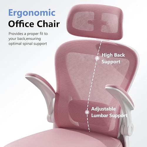 SeekFancy Ergonomic Office Chair M903, Computer Desk Chair with Wheels, High Back Mesh Office Chair with Adjustable Lumbar Support, Headrest, Flip-Up Armrests, Pink thumbnail 6
