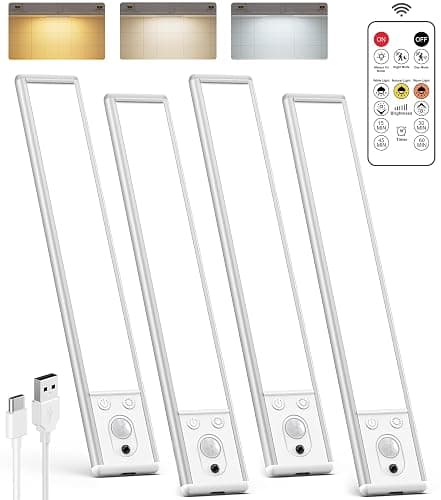 Under Cabinet Lighting Wireless, 2200mAh Rechargeable Battery Operated Motion Sensor Light Indoor, 3 Color Temps Under Counter Light, Dimmable Wireless Closet Lights w/Remote for Kitchen,Pantry,4 Pack - Image 1