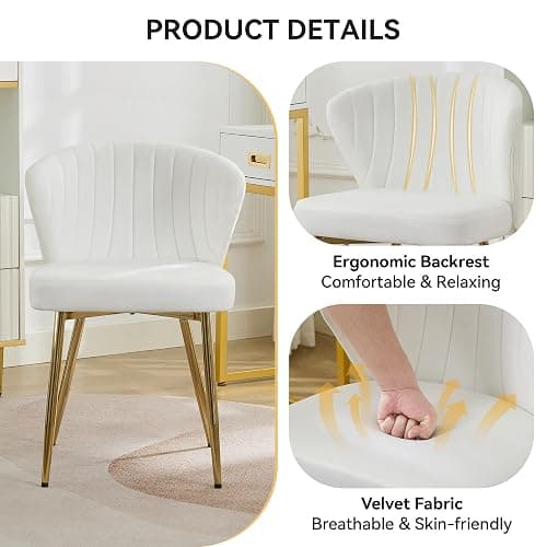WUTUTUEE Velvet Vanity Chair, Modern Makeup Chair with Back Golden Legs, Small Cute Accent Chair for Vanity, Living Room, Bedroom, White thumbnail 3