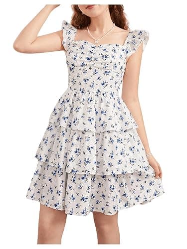 RoseSeek Girl's Floral Summer Dress Ruffle Shirred High Waist Ruched Sweetheart A Line Spring Dress - Image 1
