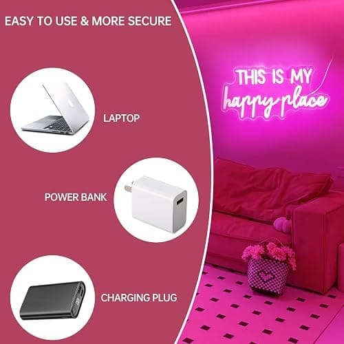 Neon Signs for Wall Decor - This Is My Happy Place Neon Signs for Teen Girls Bedroom Decor, Pink Led Neon Lights for Wall Decor, Nightstand Light, Dimmable Switch USB Power, Adhesive Hook Included - This is my happy place-pink thumbnail 5