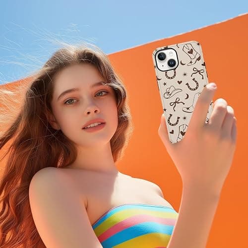 Yomjew Western Phone Case for iPhone 13 / iPhone 14 6.1", Retro Rustic Beige Country Bow Boots Hat Pattern Design Case Glossy Shockproof Cover Soft TPU Hard PC Protection Funda for Girls Women thumbnail 7