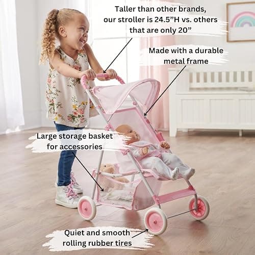 Badger Basket Folding Doll Umbrella Stroller for Dolls Up to 18 Inches - Lightweight, Compact Doll Stroller with Safety Belt, Pink and White Design thumbnail 6
