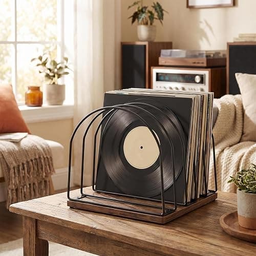 UUOBQN Wooden Vinyl Record Storage Holder, Brown | Record Stand Organizer for Vinyl Records & LPs, Magazine Holder, CD Storage, DVD Storage, CD Holder, Album Organizer Shelf thumbnail 5
