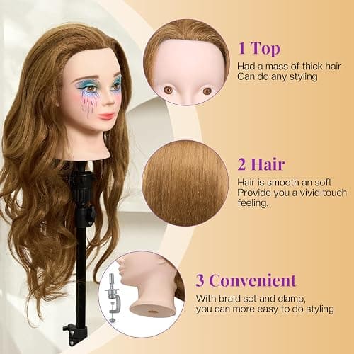 28" Mannequin Head Human Hair - 80% Real Hair Mannequin Head for Makeup Practice, Cosmetology Manikin Doll Head for Hair Styling, Hairdressing Training Head for Braiding #27 thumbnail 3