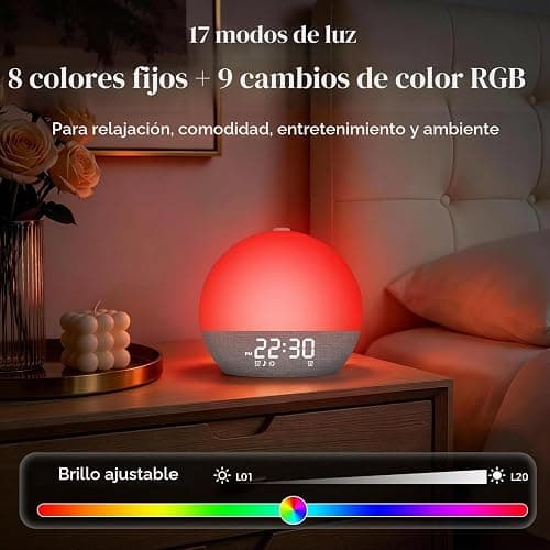Despertador Amanecer con Simulación de Amanecer y Atardecer, Bluetooth | Máquina de Ruido Blanco, 17 Modos de Iluminación, 30 Sonidos Relajantes, Luz Nocturna Regulable para Dormitorio thumbnail 5