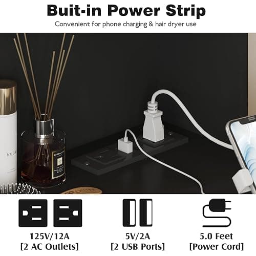 YESHOMY Vanity Desk with Mirror, Power Outlet and 10 Lights, Makeup Table with 7 Drawers, 3 Color Modes Available for Bedroom, Pure Black thumbnail 6