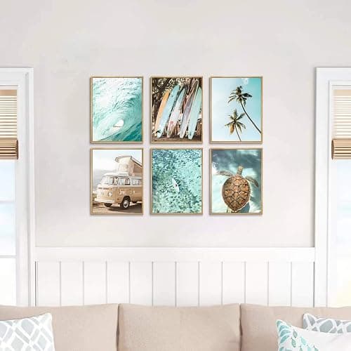 Laywhq Coastal Beach Wall Art Summer Ocean Surf Tropical Canvas Wall Decor Summer Nautical Palm Tree Turtle Surfboard Bus Room Paintings Prints Posters for Bedroom Living Room Set of 6 8x10in Unframed thumbnail 6