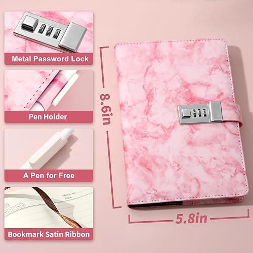 CAGIE Marble Diary with Lock for Girls and Women, Waterproof Journal with Lock 192 Pages Secret Girls Locked Diary with Pen, Password Locked Journals for Teen Girls, A5 Pink thumbnail 3