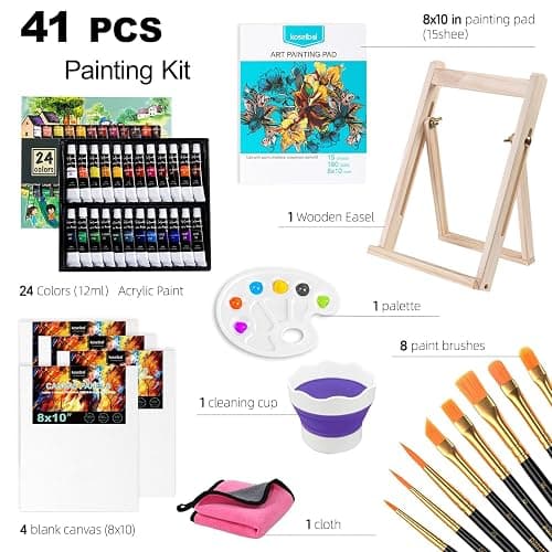 Acrylic Art Set, 41 PCS Painting Kit, Acrylic Paint Set for Kids, Painting Supplies with 24 Acrylic Paints, 1 Wooden Easel , 4 Canvas Panels, 8 Paint Brushes, Drawing Pad, Art Supplies for Kids Adults thumbnail 8