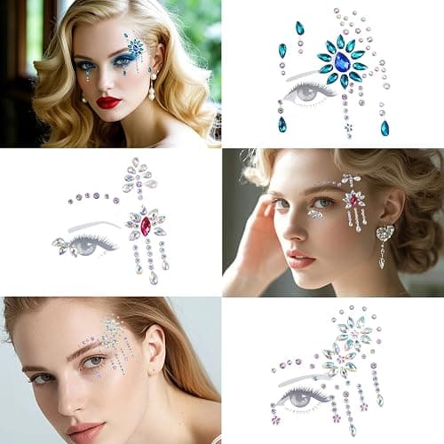 6 Ensembles Strass Autocollant Visage, Gemmes de visage, Tatouages Temporaires Gemmes en Strass pour fête de musique, festival, vacances, Halloween, Noël thumbnail 4