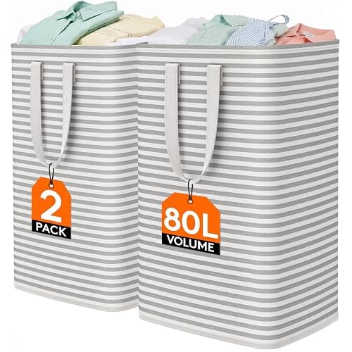 Lifewit 2 Pack Laundry Basket 80L Each, Collapsible Clothes Hamper with Reinforced Handles, Freestanding Waterproof Design for Bedroom and Laundry Room, Grey 160L Total - Image 1