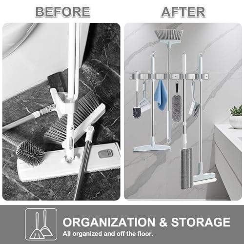 Broom Holder Wall Mount, Broom Organizer Wall Mount Stainless Steel Broom and Mop Hanger Heavy Duty Storage Organization for Home Kitchen Garden Garage Room 5 Racks 4 Hooks thumbnail 3