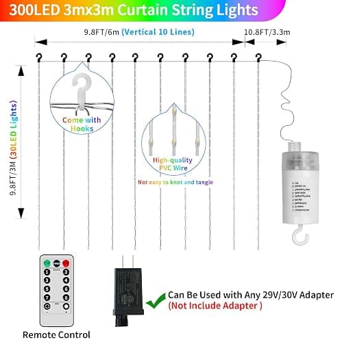 Curtain Lights Battery Operated 10x10Ft 300LED Waterproof Waterfall Light with 8 Modes Remote Dimmable Timer Memory Twinkle Fairy String Lights for Outdoor Indoor Gazebo Wedding Pergola Patio Bedroom thumbnail 4