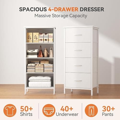 Sweetcrispy Dresser for Bedroom, 4 Drawer Storage Cabinet, Tall Nightstand | Small Fabric White Dresser for Closet, Chest of Drawers, Closet Organizer, Home Furniture, Sturdy Frame thumbnail 4