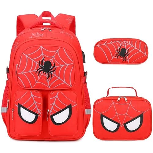 Jafeton School Backpack for Boys, 3 PCS Spider Boy Backpack Set with Lunch Box & Pencil Pouch, Waterproof Schoolbag for Boys Kids Children Teens, Elementary Middle School, Kids Bookbag Casual Daypack - Image 1