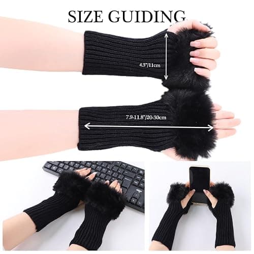 Lcaiualu Winter Women Fingerless Gloves Knitted Arm Warmers Hand Mittens ThumbHole Faux Fur Wrist Short Cuff for Women thumbnail 5