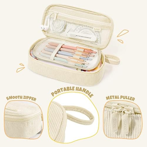 SUNEE Cute Pencil Case, Large Capacity Pencil Pouch Aesthetic Zipper Pencil Bag, Big Storage Pen Organizer for Stationery, Soft Corduroy Pencil Box Back to School Supplies for Teen Girls Boys, Beige thumbnail 7