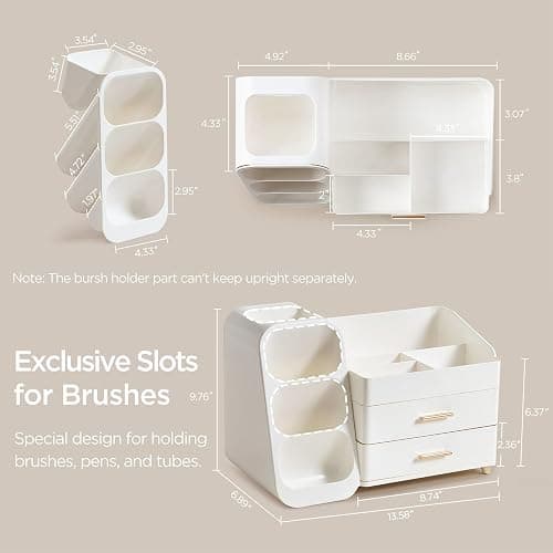 HBlife Makeup Organizer with Brush Holder for Vanity, Large Plastic Bathroom Countertop Organizer Skin Care Storage, Easy to Store Lipsticks, Nail Polishes, Perfumes, Eyeshadow Palettes, All White thumbnail 3