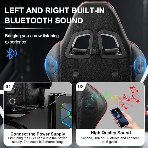 Bigzzia Ergonomic Gaming Chair With Speakers Lumbar and Headrest Cushions | Built-in Bluetooth Speakers, 360° swivel, High-density Padding, up to 110kg for Adults (Red) thumbnail 5